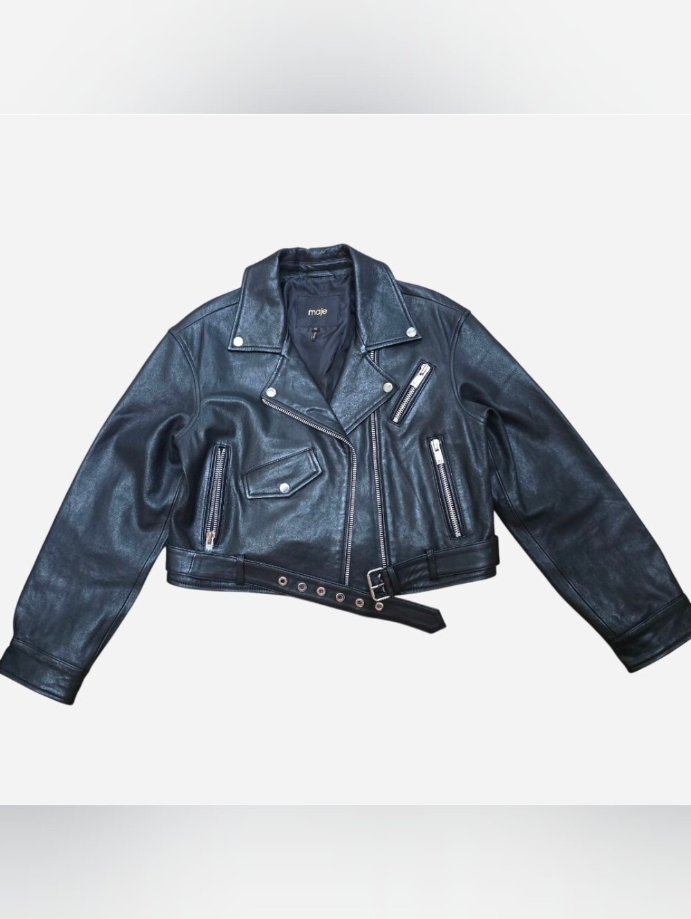 New Maje Besley Black Leather Biker Moto Jacket, Cropped Belted, FR 40/US 8 - Picture 7 of 15